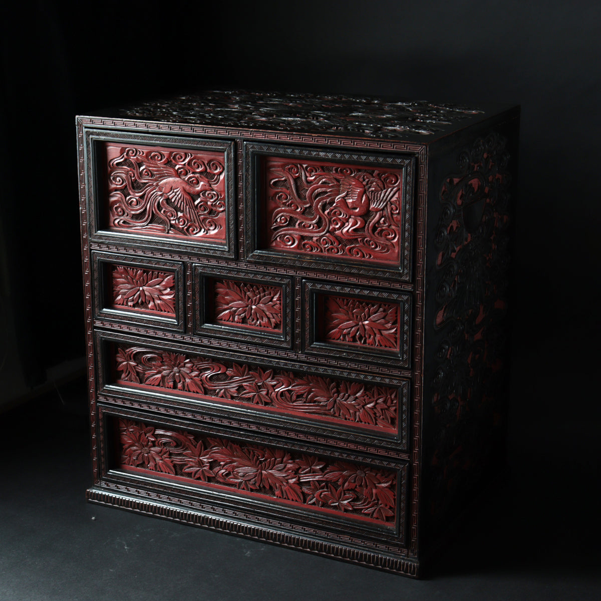 木彫堆朱小抽斗【Small carved wood lacquered chest 】 [k0620