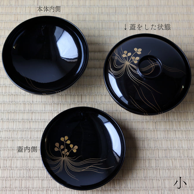 ◆送料無料◆蝋色塗芹蒔絵 吸物椀と隅切膳 各大小の五客揃 （計20点）　[L0008]
