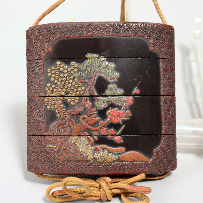 山水色漆塗印籠【INRO (Medicine case), Chinese style landscape design】[k0580]