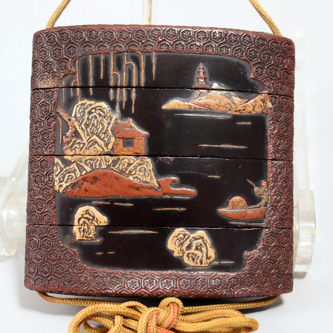 山水色漆塗印籠【INRO (Medicine case), Chinese style landscape design】[k0580]