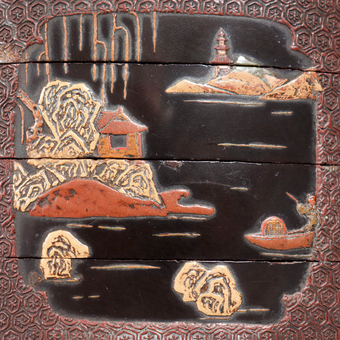 山水色漆塗印籠【INRO (Medicine case), Chinese style landscape design】[k0580]
