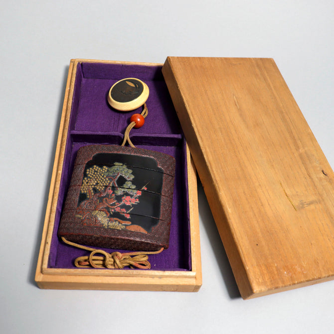 山水色漆塗印籠【INRO (Medicine case), Chinese style landscape design】[k0580]
