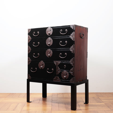 時代箪笥／黒塗庄内小箪笥　スタンド付き【SHONAI small chest with metal stand】 [j1112]　Japanese Antique Furniture