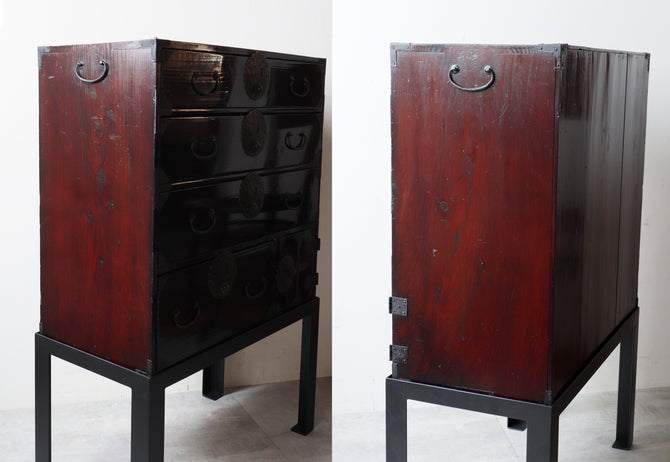 時代箪笥／黒塗庄内小箪笥　スタンド付き【SHONAI small chest with metal stand】 [j1177]　Japanese Antique Furniture