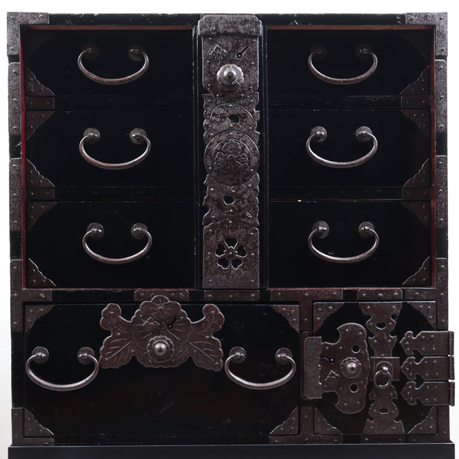 時代箪笥／黒塗庄内閂付小箪笥　スタンド付き【Small chest with metal stand】 [j1221]　Japanese Antique Furniture