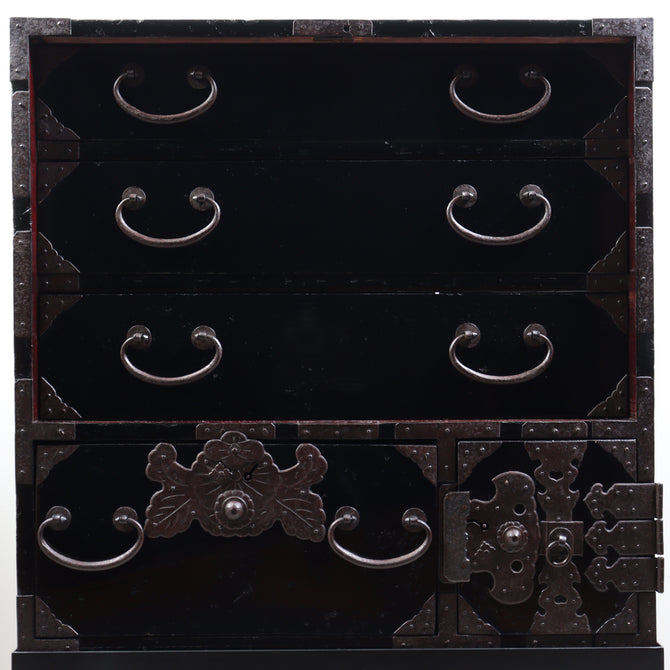 時代箪笥／黒塗庄内閂付小箪笥　スタンド付き【Small chest with metal stand】 [j1221]　Japanese Antique Furniture