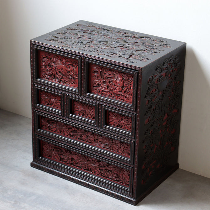 木彫堆朱小抽斗【Small carved wood lacquered chest 】 [k0620]　Japanese  Furniture