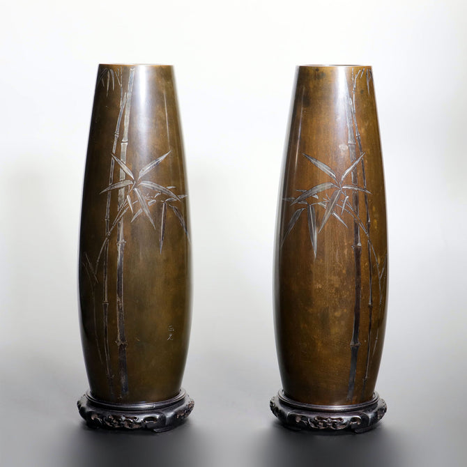 竹図対花瓶　純幸堂　正光作　[k0570]【 Vases with bamboos design made by MASAMITSU-JONKODO】
