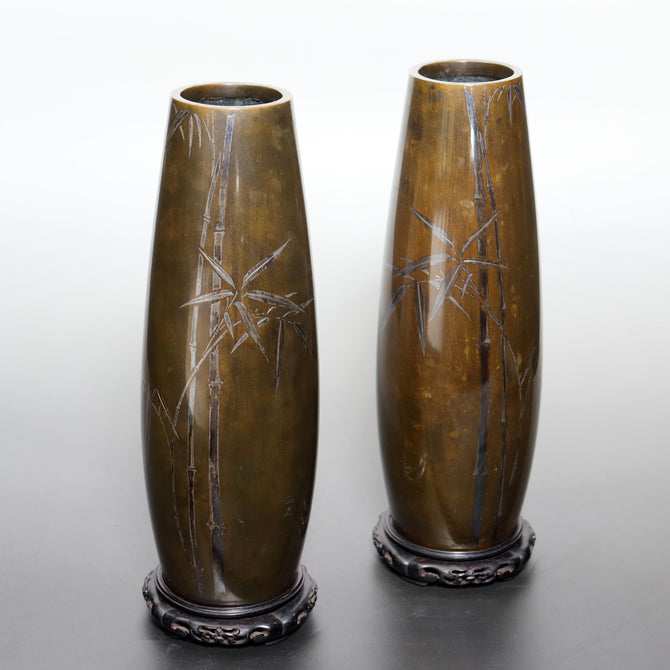 竹図対花瓶　純幸堂　正光作　[k0570]【 Vases with bamboos design made by MASAMITSU-JONKODO】