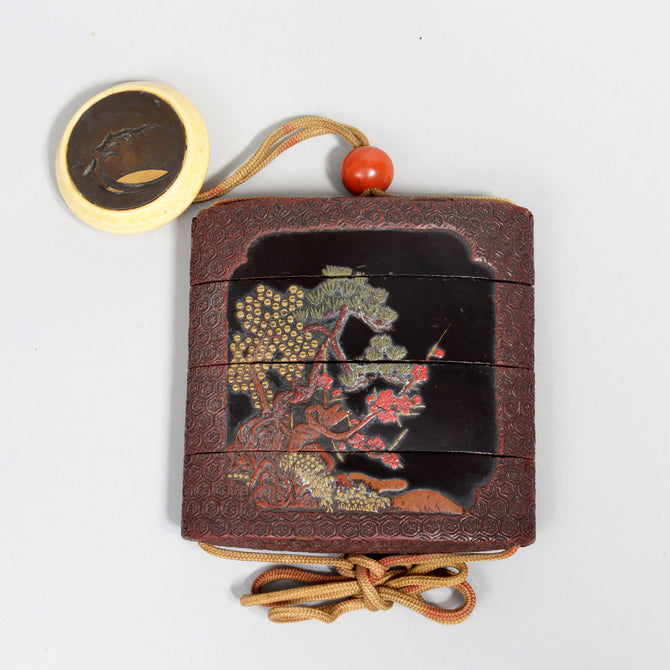 山水色漆塗印籠【INRO (Medicine case), Chinese style landscape design】[k0580]