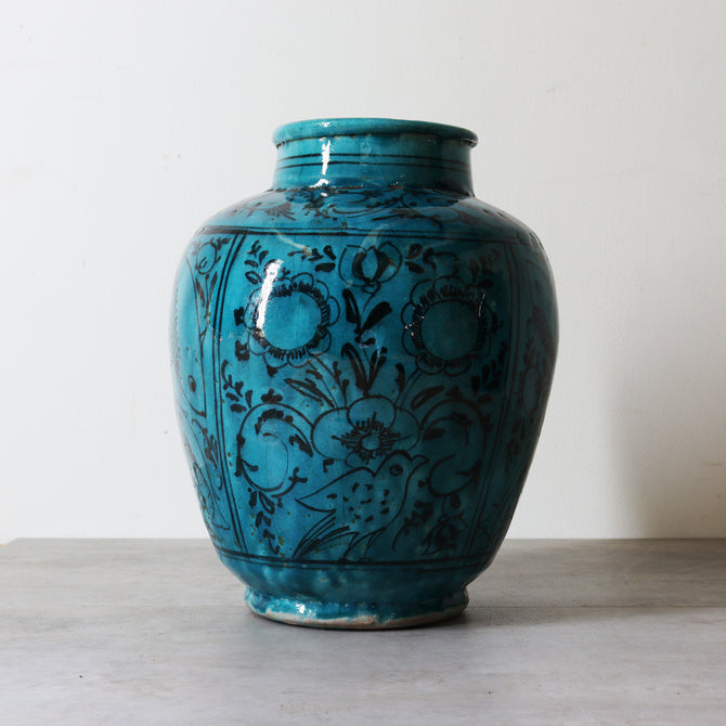 ペルシャ青釉草花魚紋壺【 Persian pot 】 [k0599]