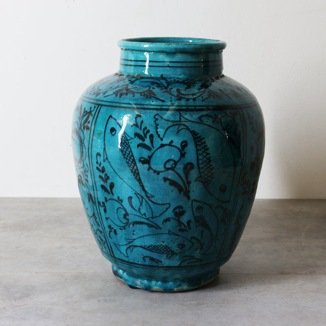 ペルシャ青釉草花魚紋壺【 Persian pot 】 [k0599]