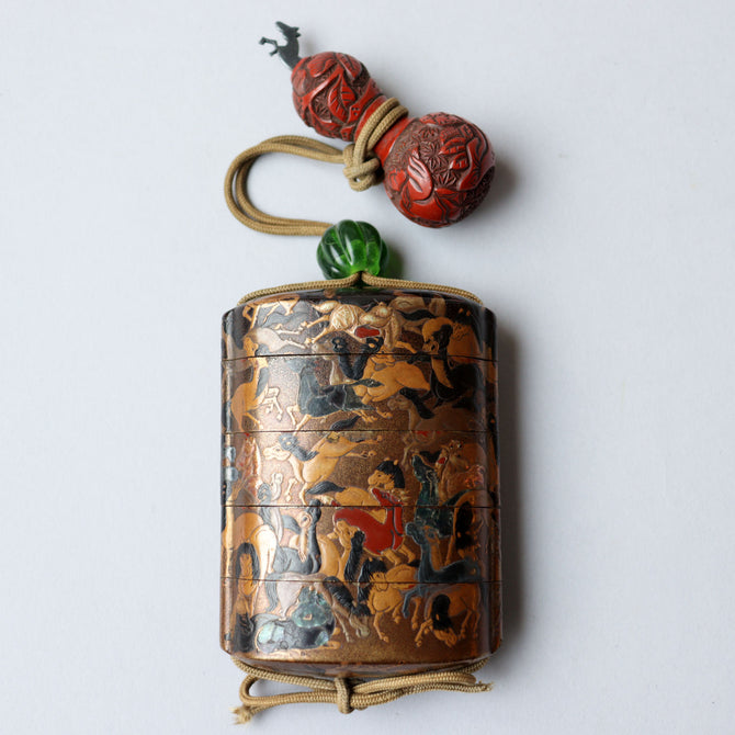 馬尽くし漆絵蒔絵印籠【INRO (Medicine case) with horse design】[k0604]