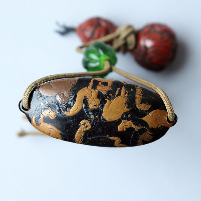 馬尽くし漆絵蒔絵印籠【INRO (Medicine case) with horse design】[k0604]