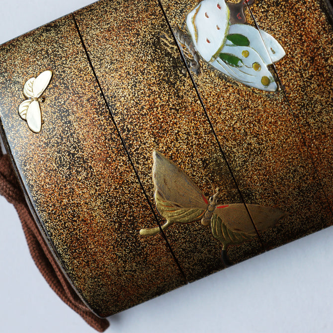 彫漆白蝶貝象嵌印籠【INRO (Medicine case) with Flower and Butterfly design 】[k0606]