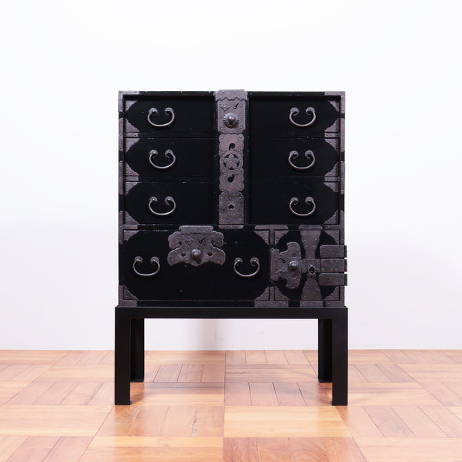 ◆ ご商談中- Sales pending ◆黒塗庄内閂付小箪笥　スタンド付き【SHONAI small chest with metal stand】 [j1102]