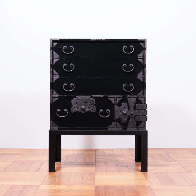 ◆ ご商談中- Sales pending ◆黒塗庄内閂付小箪笥　スタンド付き【SHONAI small chest with metal stand】 [j1102]