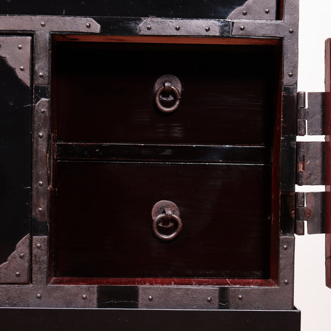 ◆ ご商談中- Sales pending ◆黒塗庄内閂付小箪笥　スタンド付き【SHONAI small chest with metal stand】 [j1102]