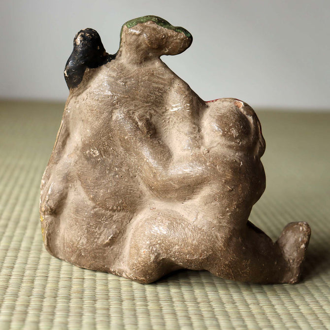 土人形　童子と蓑亀【 Cray doll of a kid with longevity turtle】