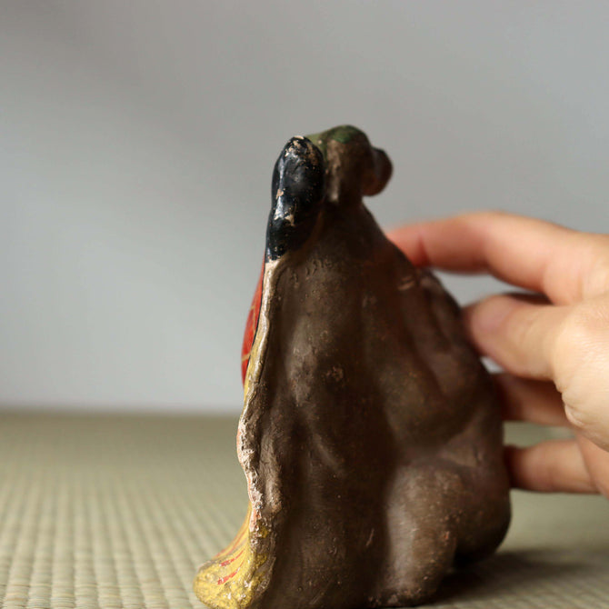 土人形　童子と蓑亀【 Cray doll of a kid with longevity turtle】