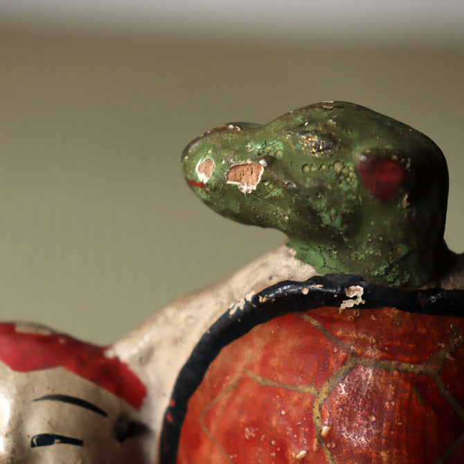 土人形　童子と蓑亀【 Cray doll of a kid with longevity turtle】
